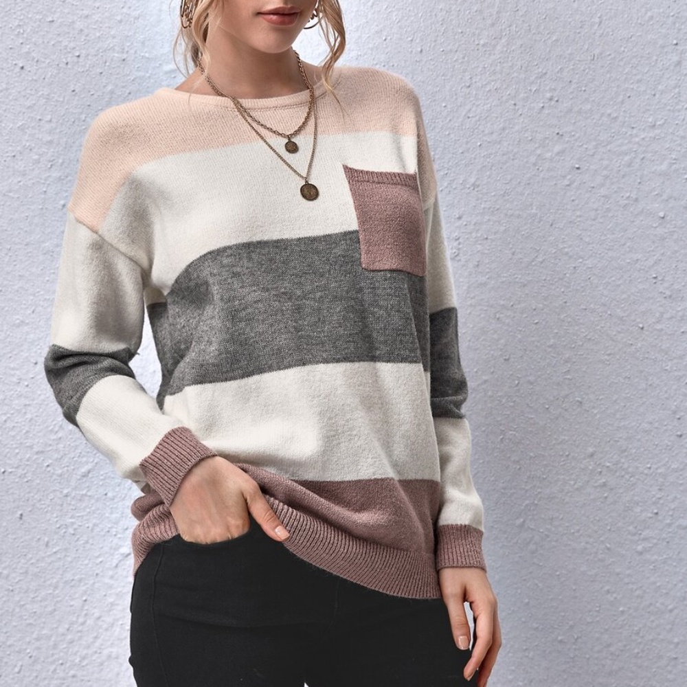 #48 Color block striped pocket long sleeve top mauve - Picture 3 of 6